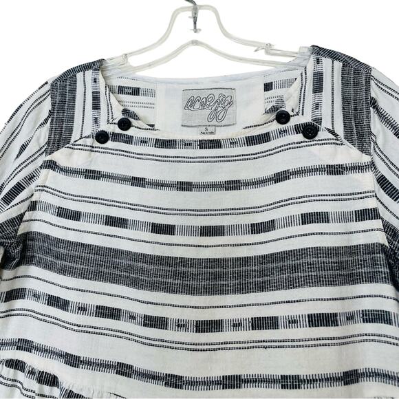 Ace & Jig  Black & White cotton linen mini dress pockets Twee buttons bateau - Picture 2 of 12